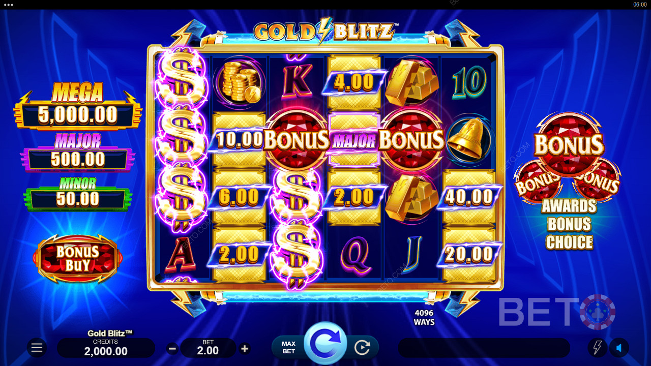 Sa võid võita jackpoti auhinna igal põhimängu keerutusel Gold Blitz slotis.