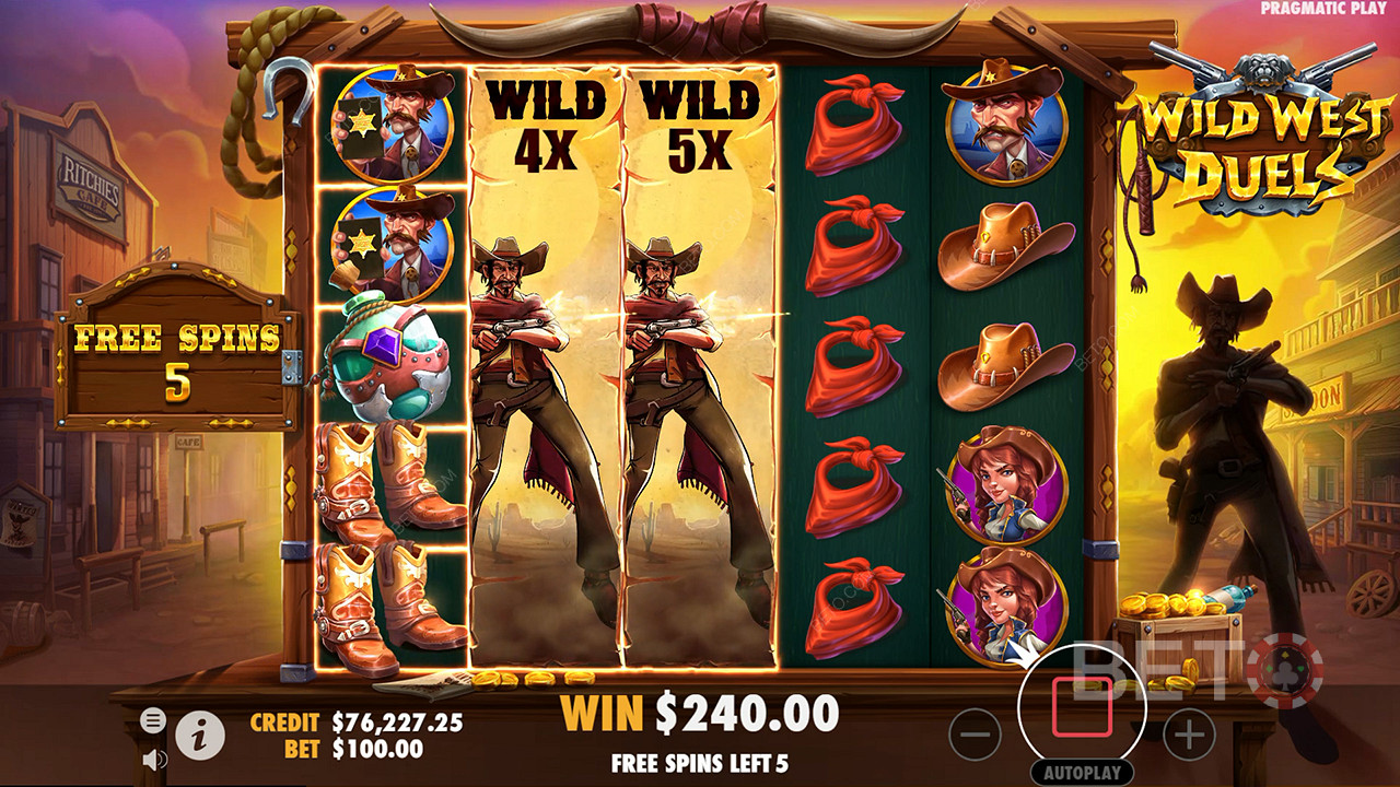 Laiendavad Wildid koos kordajatega ilmuvad Wild West mänguautomaadi Duel Free Spins