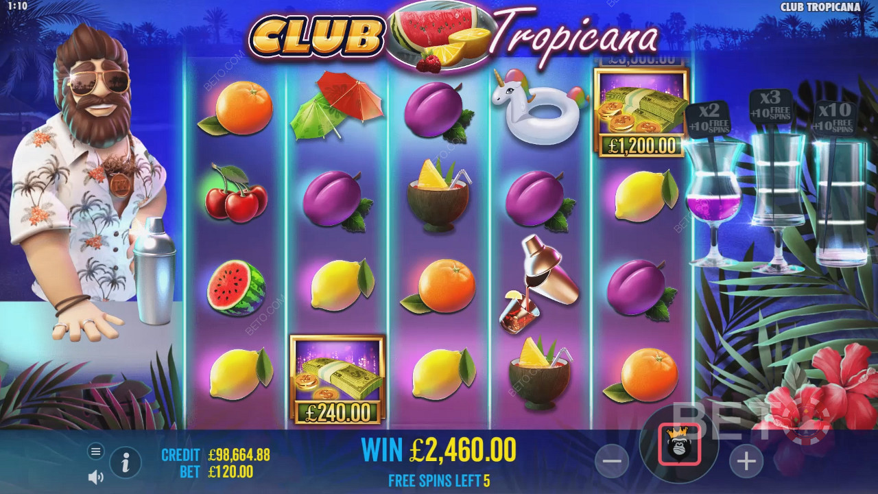 Saa võimalus koguda rahasümboleid Club Tropicana slotis tasuta keerutustes