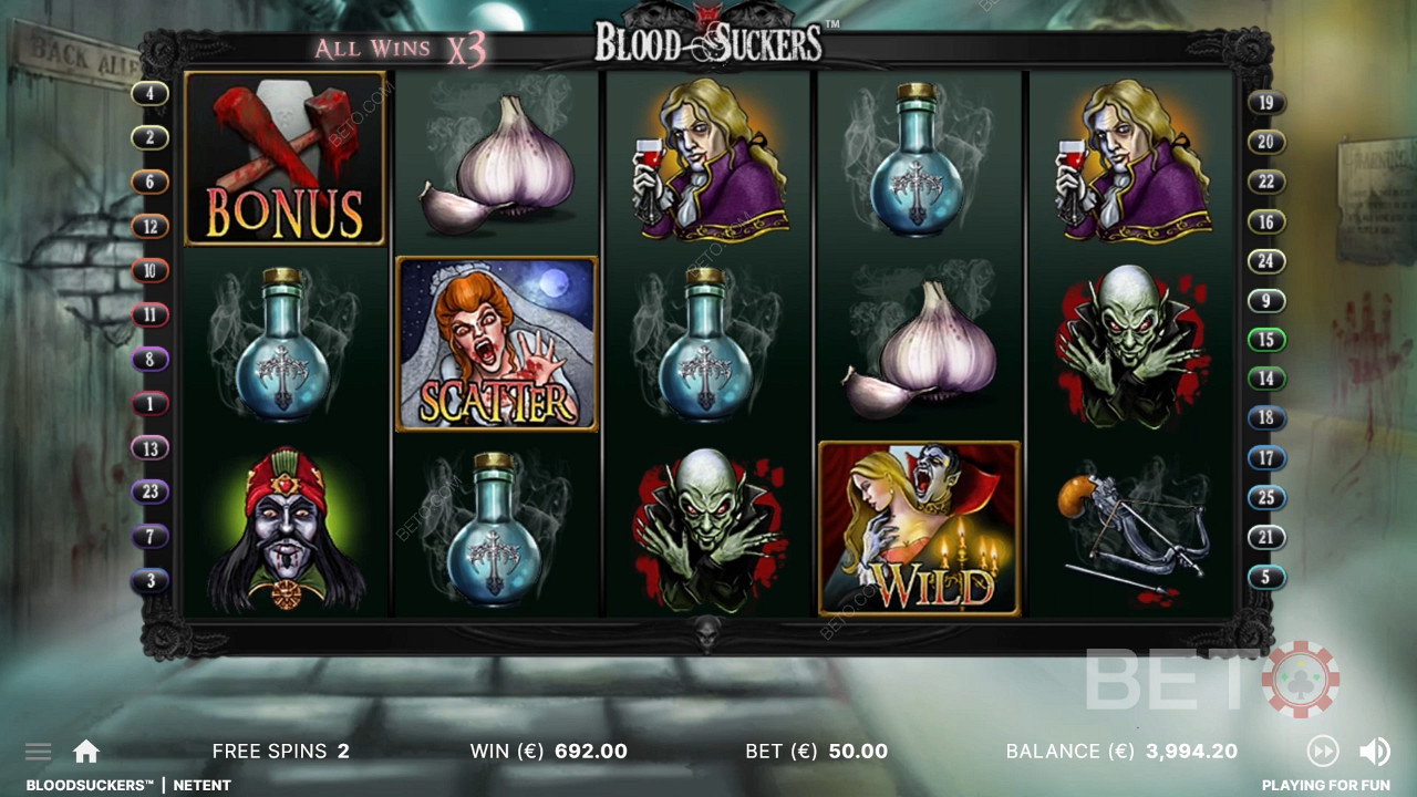 Kõik võidud kolmekordistuvad mängu Blood Suckers tasuta spinnides.