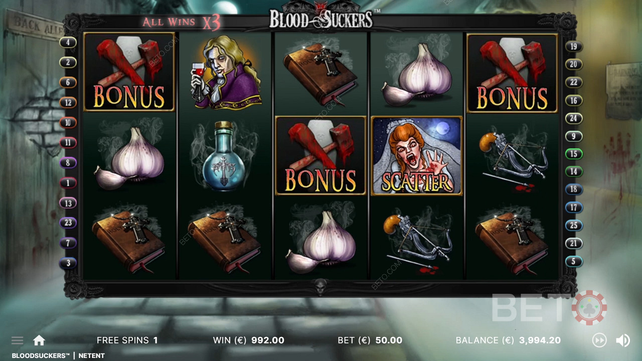 3 boonussümbolit õigetel positsioonidel käivitavad Blood Suckers slotis boonusmängu.