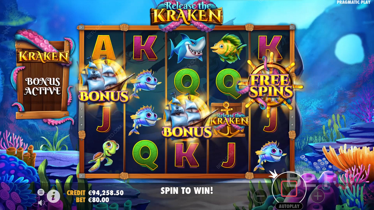 2 scatterit ja 1 tasuta keerutuste sümbol käivitavad tasuta keerutused mängus Release the Kraken.