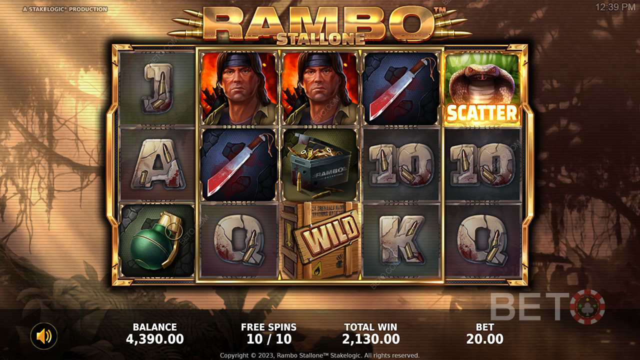 Naudi hämmastavaid boonusfunktsioone ja erakordset teemat Rambo online slotis.