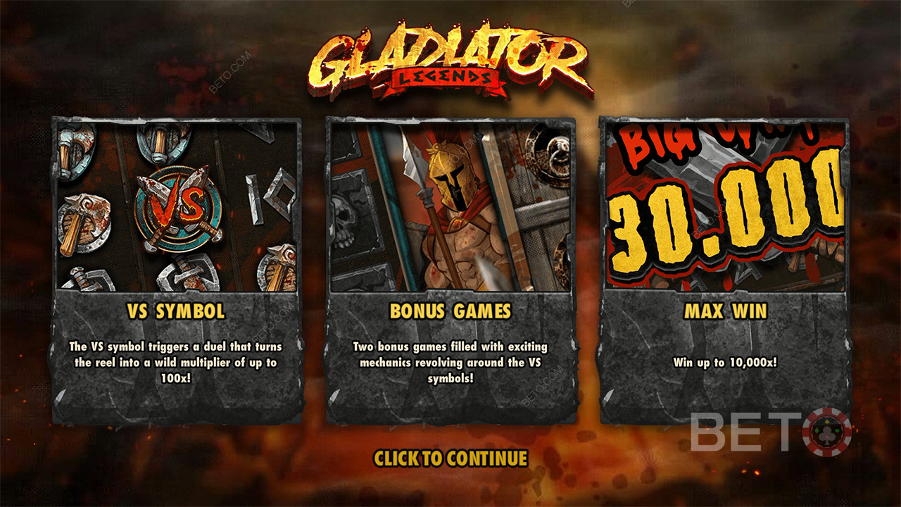 Võida kuni 10,000x oma panus Gladiator Legends mänguautomaadis kuni 10,000x.