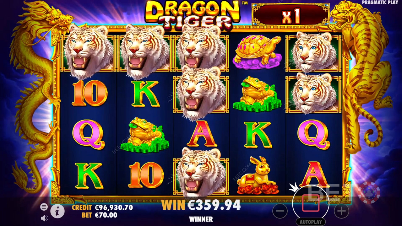 Multiplikaatorid tulevad mängu tasuta keerutuste boonuse ajal Dragon Tiger online slotis.