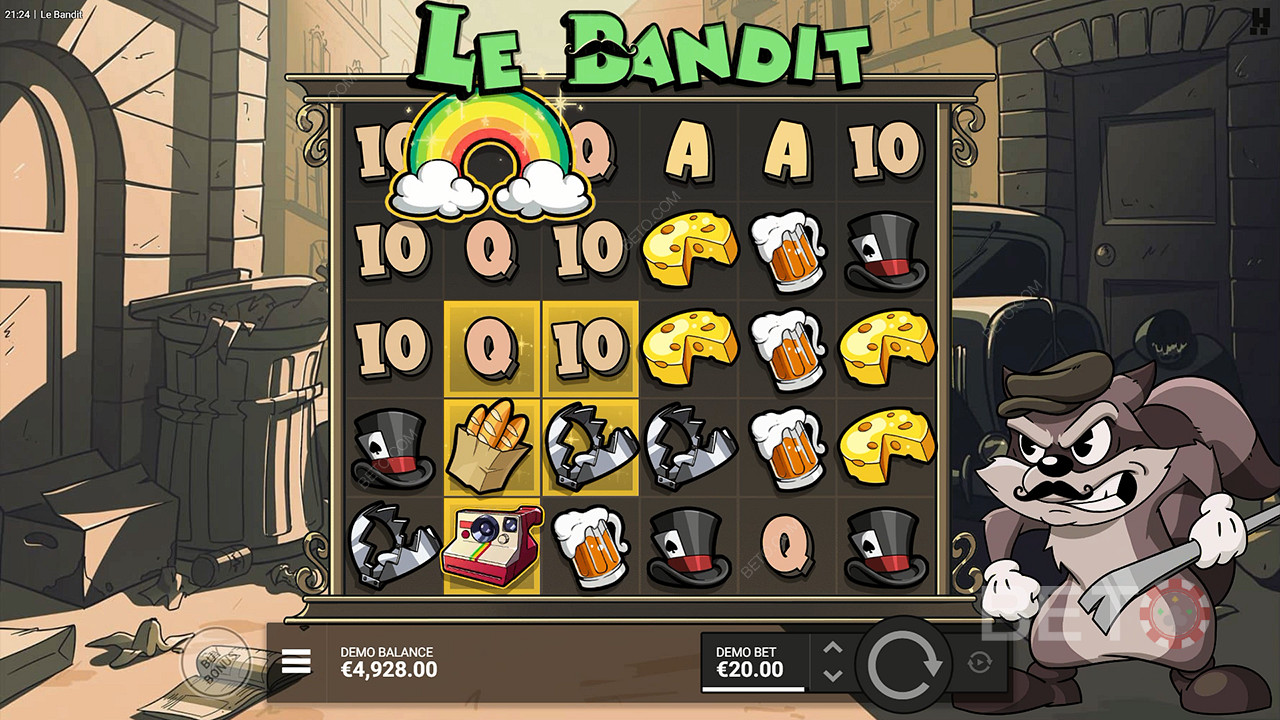 Vikerkaare sümbol aktiveerib kõik kuldsed ruudud Le Bandit mänguautomaadis