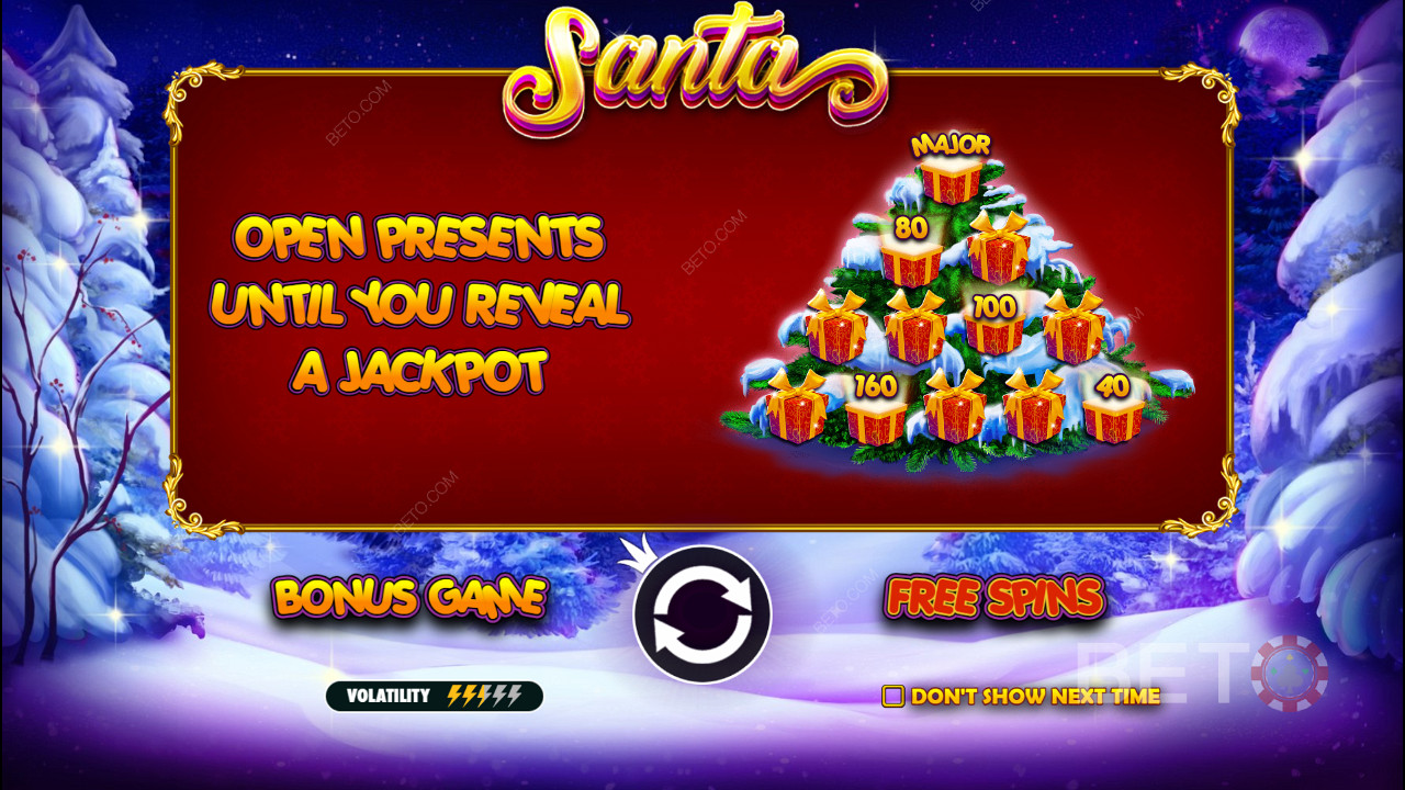Boonusmängus on rahalised auhinnad ja jackpotid Santa online slotis