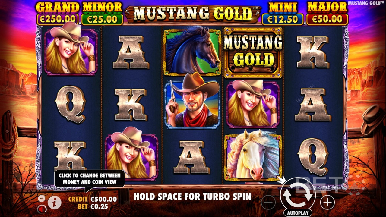 Wild-sümboliks on mängu logo Mustang Gold Online Slot