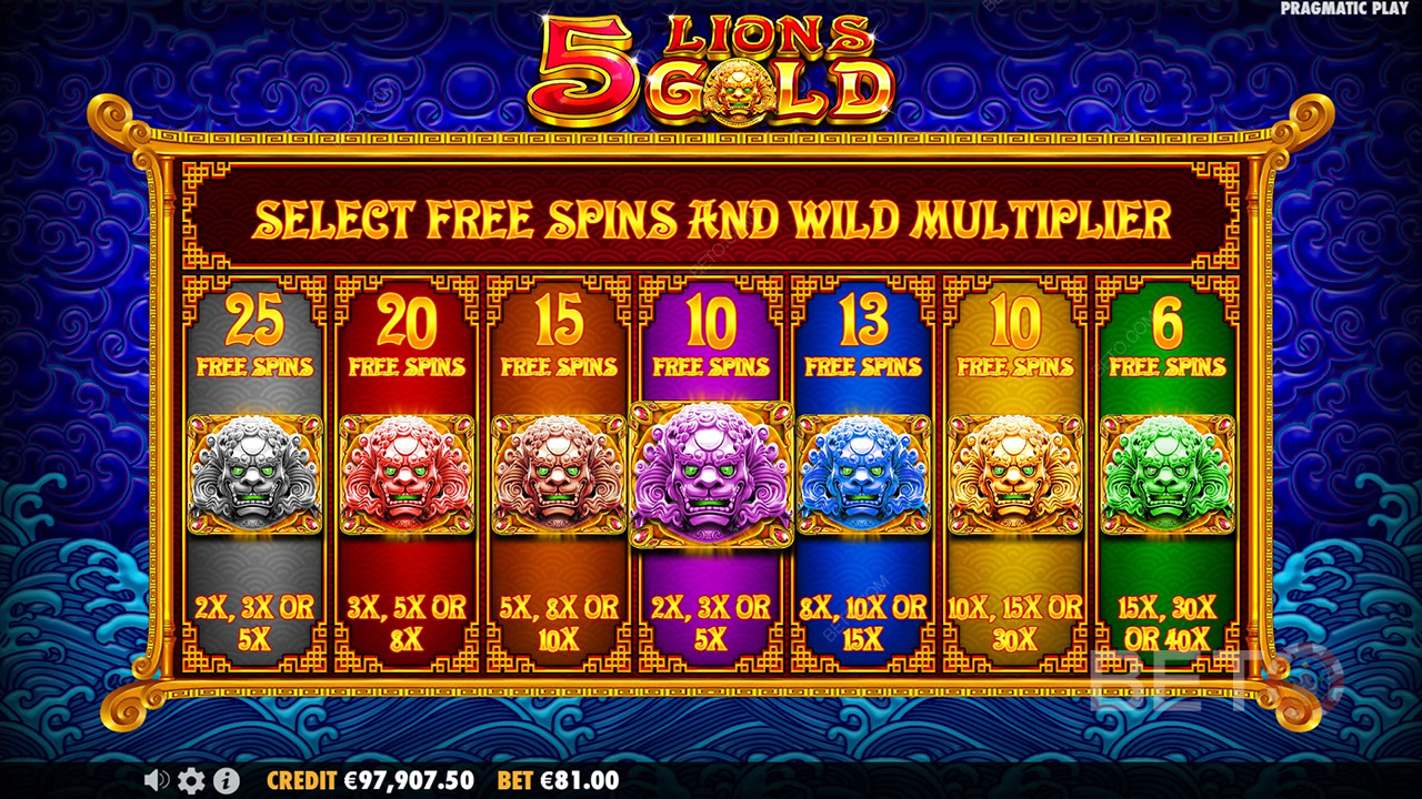 Boonusfunktsioonid, mida selgitab 5 Lions Gold poolt Pragmatic Play