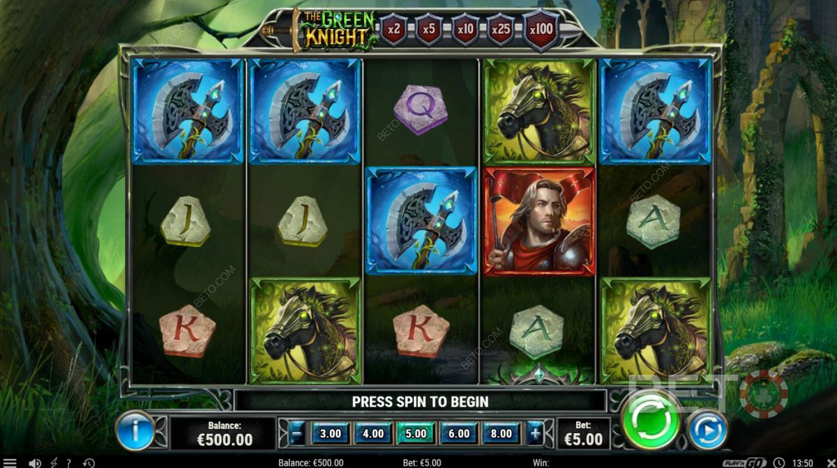 Erinevad kõrgepalgalised sümbolid mänguautomaadis The Green Knight