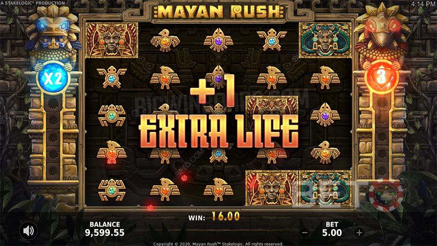 Mayan Rush boonusfunktsioonide hulka kuuluvad tasuta keerutused, kordaja ja hasartmängufunktsioon