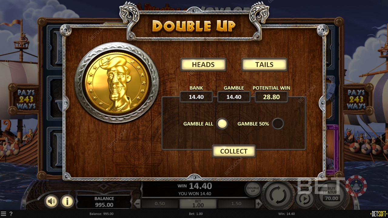 Proovi Double Up funktsiooni, et kahekordistada oma võidud Viking Voyage mänguautomaadis.