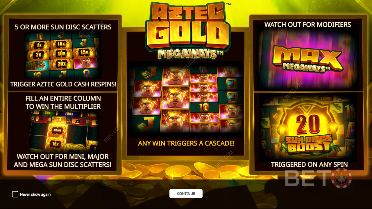 Naudi mitmeid võimsaid boonusfunktsioone Aztec Gold Megaways mänguautomaadis