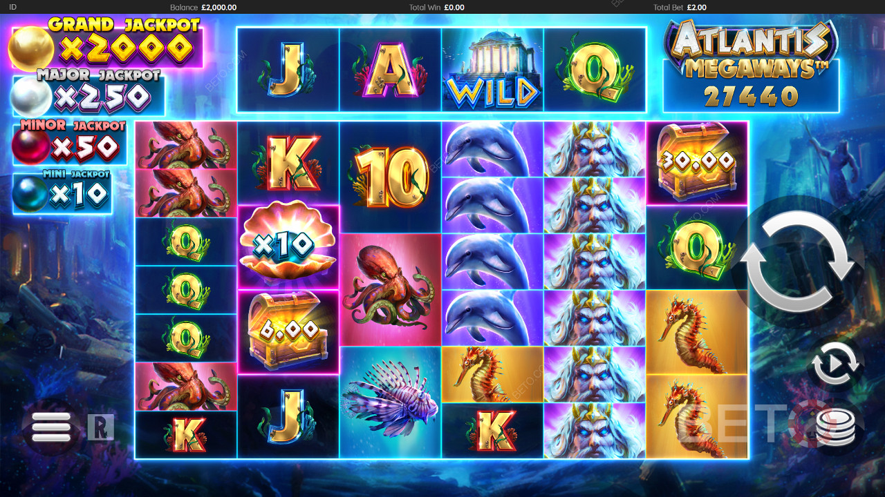 Naudi värvilist mängu koos võimsate funktsioonidega Atlantis Megaways mänguautomaadis.