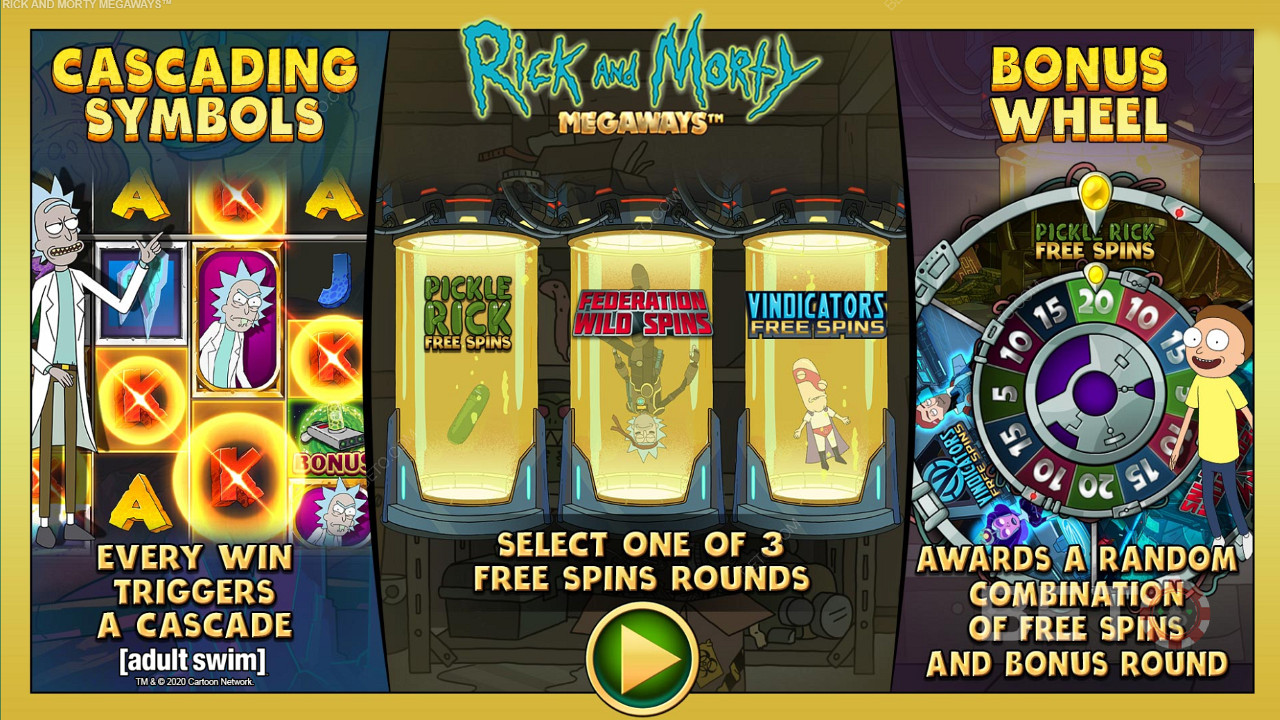 Naudi kolme erinevat tüüpi tasuta keerutusi mänguautomaadis Rick and Morty Megaways