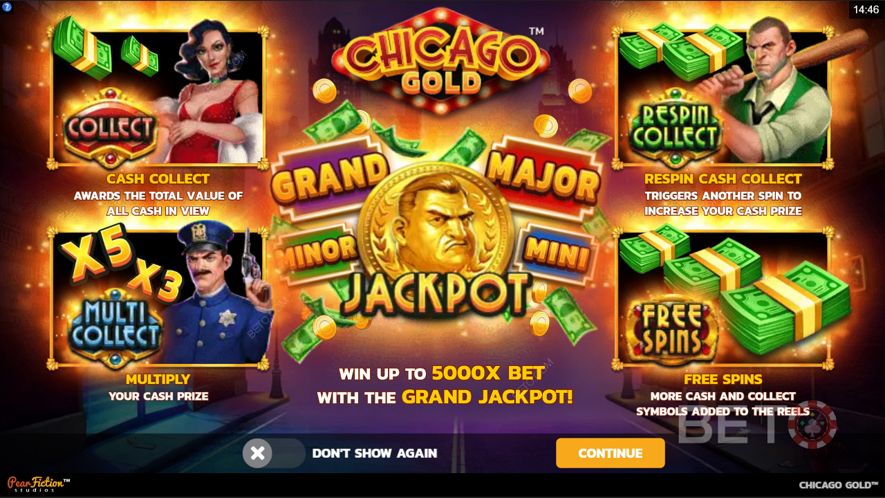 Naudi Collect funktsioone, jackpotid ja tasuta keerutused mänguautomaadis Chicago Gold