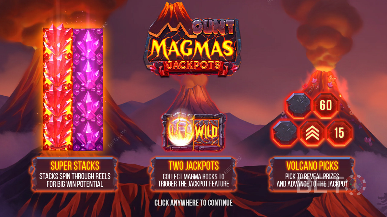 Naudi Super Stacks, 2 jackpotit ja Volcano Bonus funktsioon Mount Magmas slotis.
