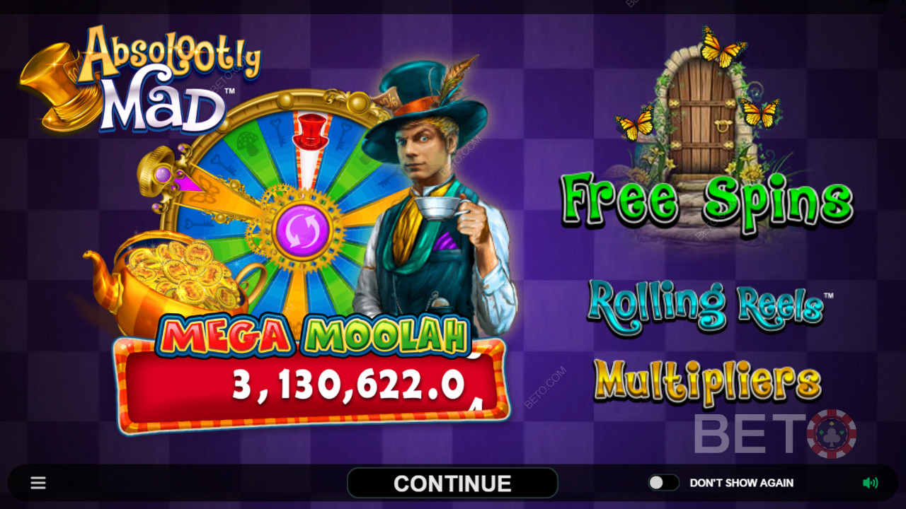 Nautige progressiivseid jackpotte ja muid funktsioone Absolootly Mad: Mega Moolah videomänguautomaadis.