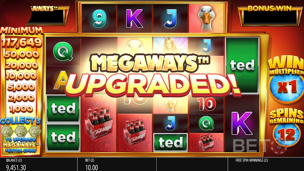 Täienda Megawaysi, kui kogud 3 Super Ted sümbolit tasuta spinnide ajal.