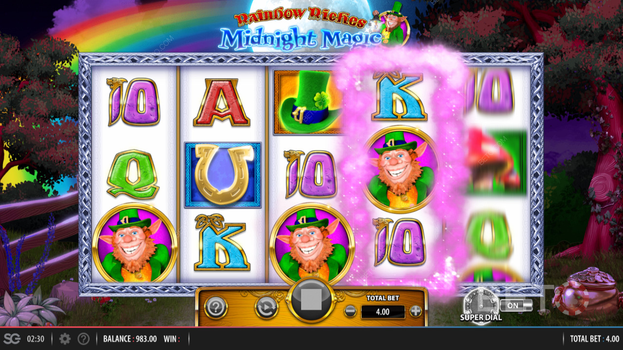 Rainbow Riches Midnight Magic aadressilt Barcrest, mille funktsioonid sisaldavad Super Dial Bonus