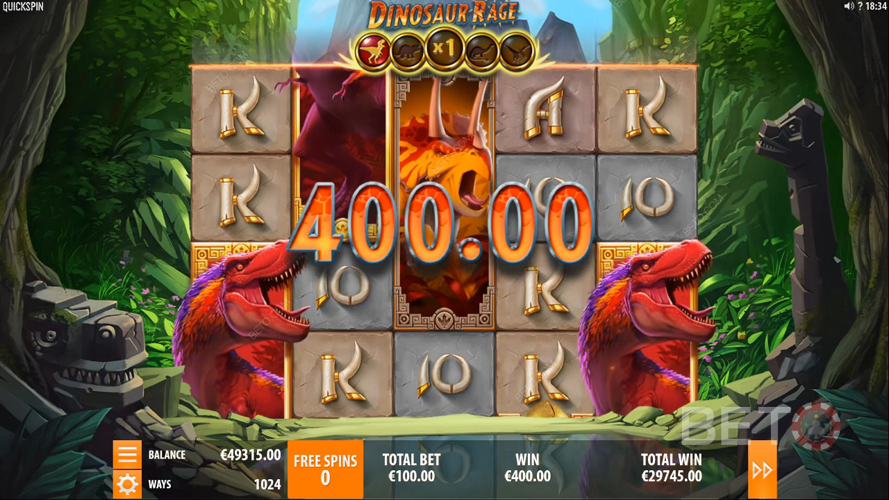 400 mündi väärtuses võidu saamine Dinosaur Rage mänguautomaadis