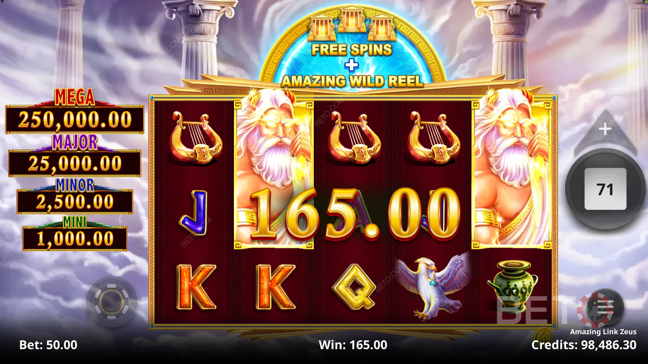Mängi ja saa võimalus võita üks 4 fikseeritud jackpoti auhinnast slotis Amazing Link Zeus.