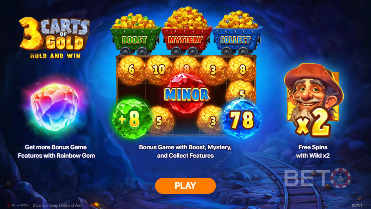 Boonusfunktsioonid, mida selgitab 3 Carts of Gold: Hold and Win by Playson