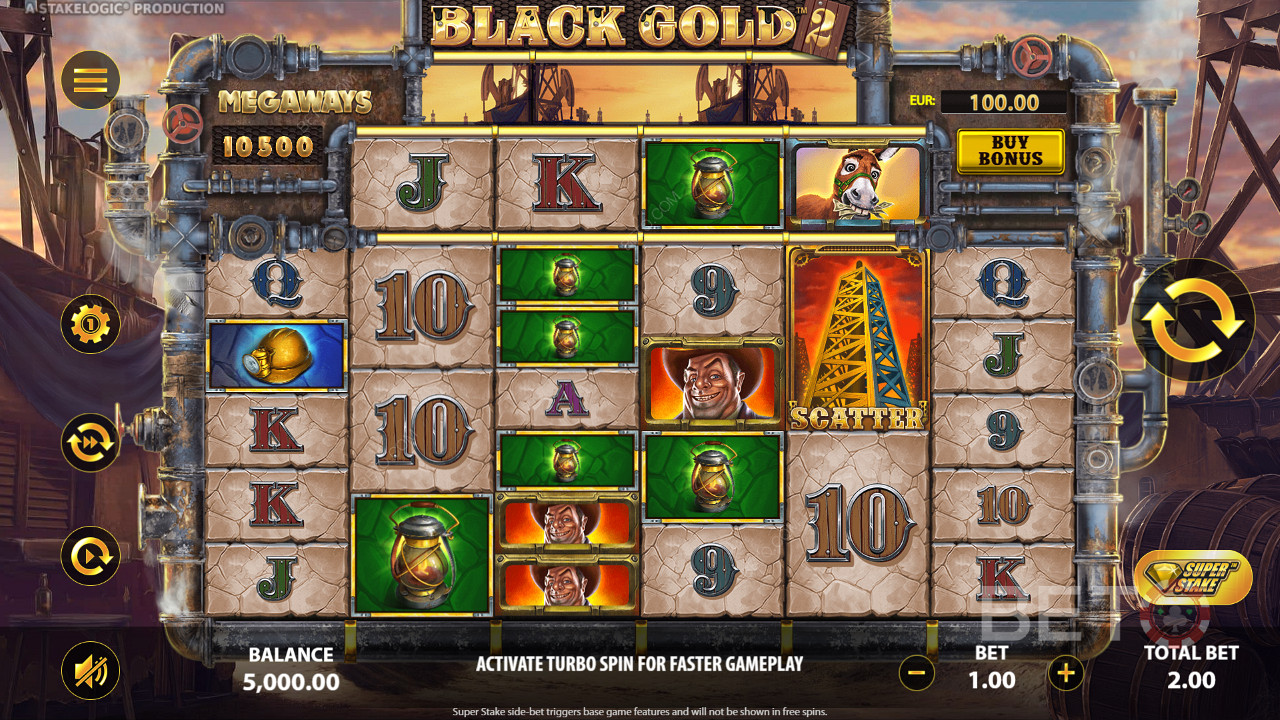 Võitmiseks on vaja 3 või rohkem identset sümbolit Black Gold 2 Megaways online mänguautomaadis.
