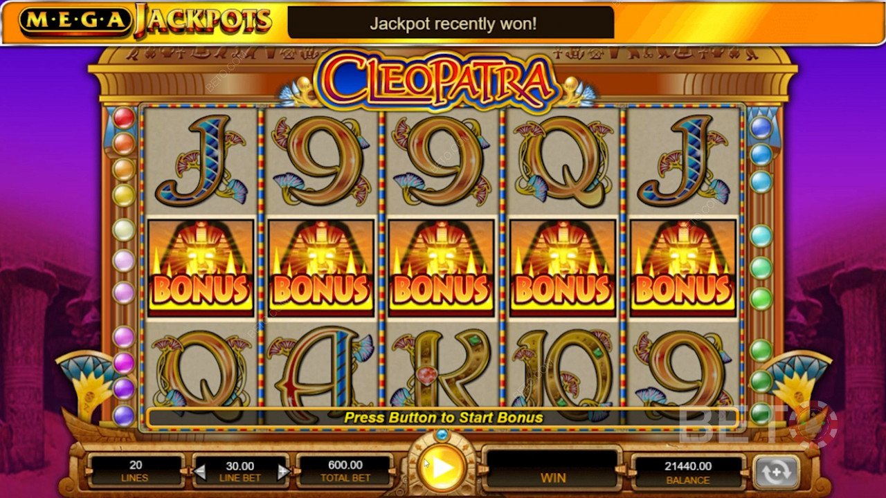 MegaJackpots Cleopatra Omadused 5 rullikut 20 võiduliiniga mänguautomaati