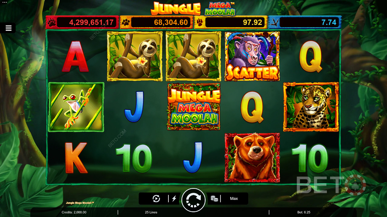 Naudi Multiplier Wilds, tasuta keerutusi ja nelja progressiivset jackpotit Jungle Mega Moolah slotis.