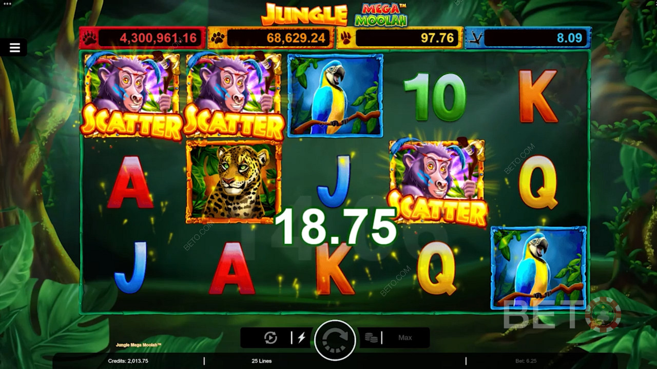 Tasuta keerutuste käivitamiseks mängus Jungle Mega Moolah online mänguautomaadis saad 3 ahvi scatterit.