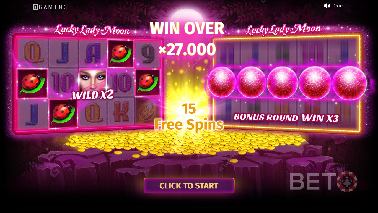 Jätka mängimist, et võita auhindu, mille väärtus on kuni 27 000 korda suurem kui panus Lucky Lady Moon slotis.