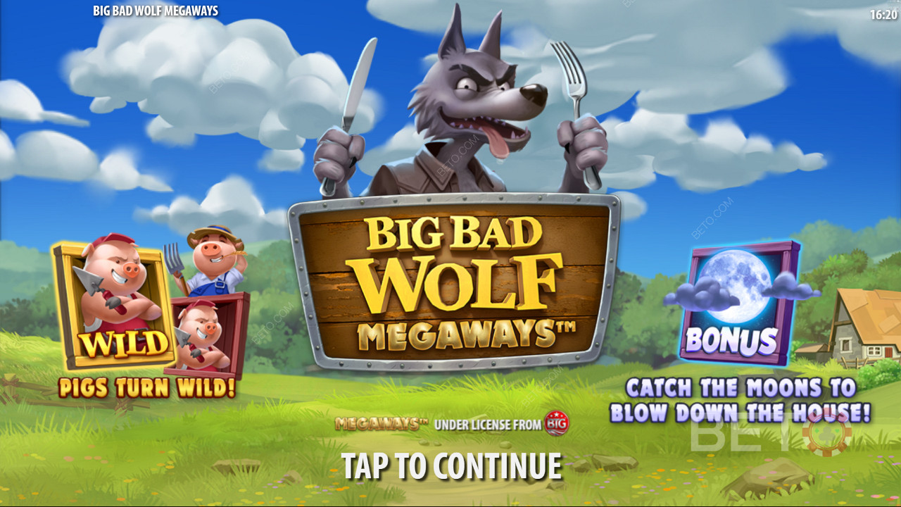 Naudi Piggy Wilds funktsiooni ja tasuta keerutusi Big Bad Wolf Megaways slotis.