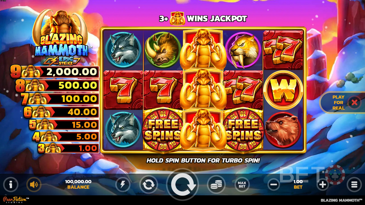 Mänguautomaadi Blazing Mammoth võitude saamiseks saad 3 või rohkem mammutisümboleid kõikjal.