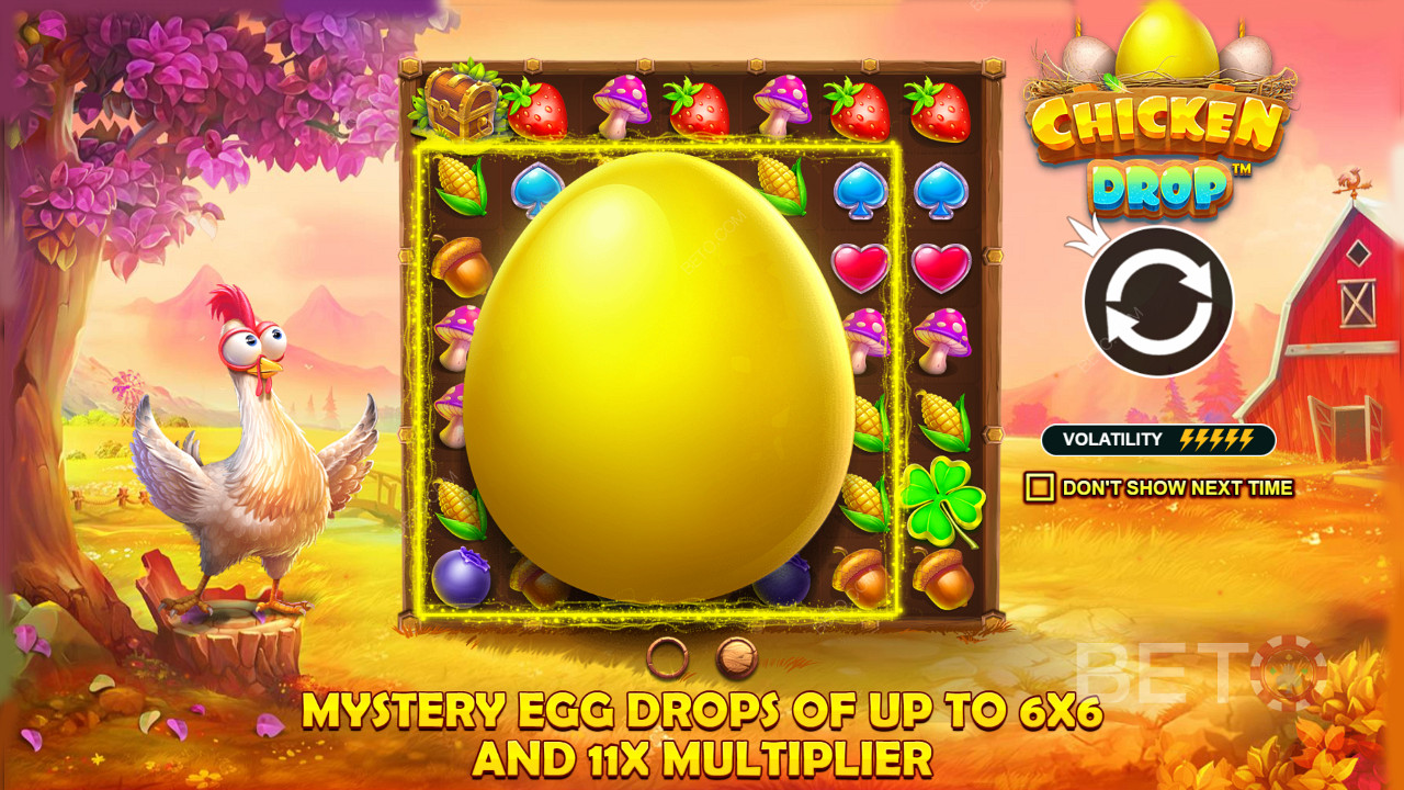 Naudi muna tilkasid koos Multiplikatorite ja suuremate suurustega Chicken Drop online slotis.