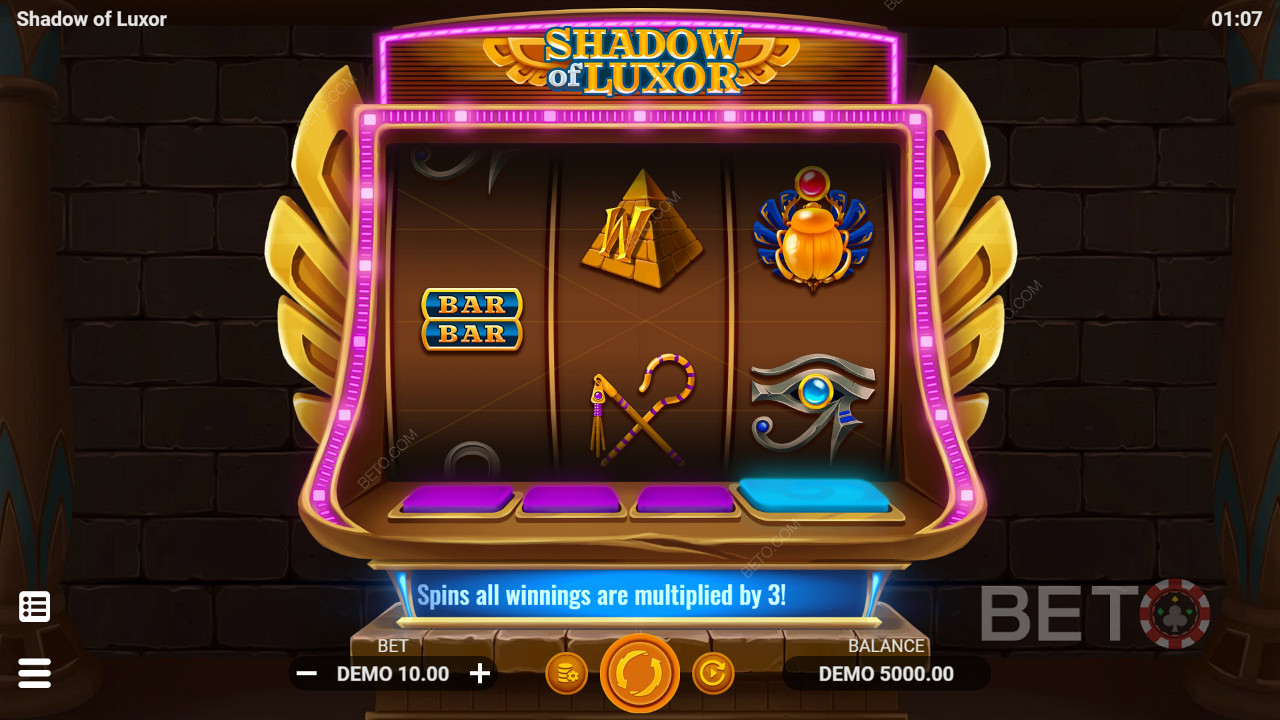 Kolme rullikuga mänguautomaat nii klassikaliste kui ka teemakohaste sümbolitega. Shadow of Luxor