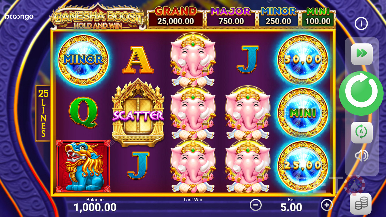 Nautige jackpotid, maandades neid boonusmängus Ganesha Boost Hold and Win slotis.