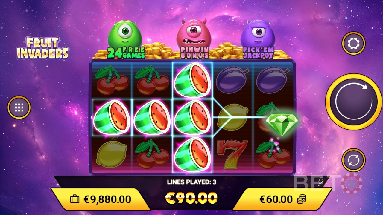 Võida 1,200x Sinu panus Fruit Invaders Slot Online!