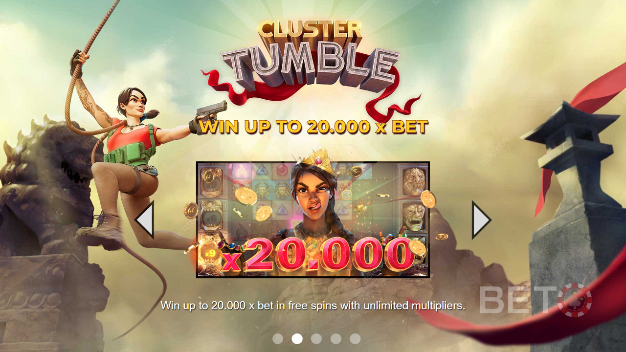 Võida kuni 20,000x panuse väärtuses väljamakseid Cluster Tumble online slotis.