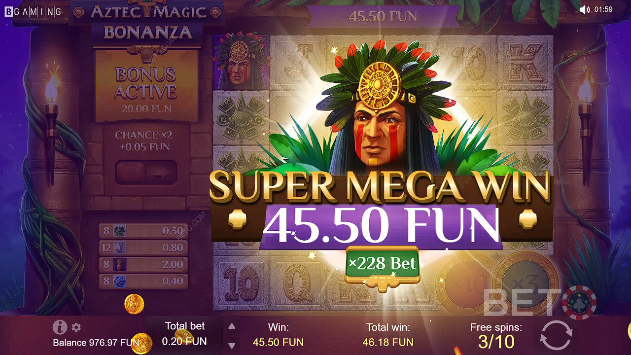 Saage suuri võite Aztec Magic Bonanza mänguautomaadi tasuta keerutuste funktsioonis.