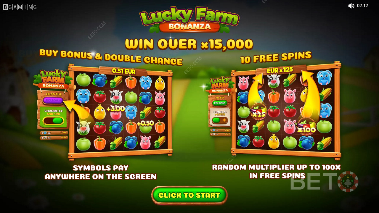 Nautige Lucky Farm Bonanza kasiinomängus kordajaid, topeltvõimalusi ja tasuta keerutusi