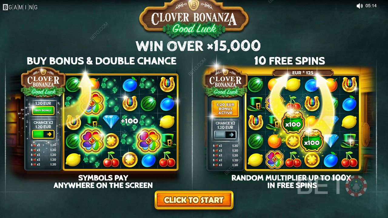 Nautige Clover Bonanza mänguautomaadis Osta boonus, Double Chance ja tasuta keerutused.