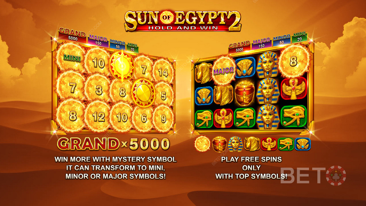 Nautige jackpotid väärtusega kuni 5000x teie panusest ja tasuta keerutused mänguautomaadis Sun of Egypt 2.