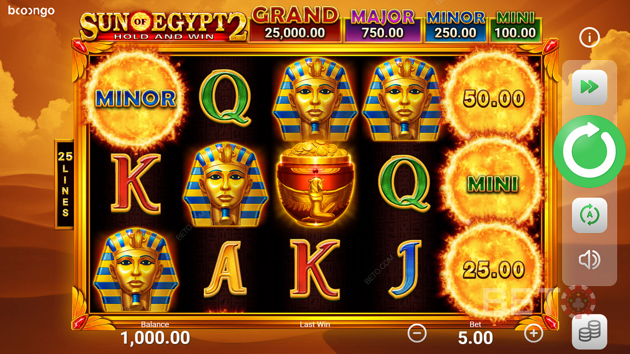 Kuus või enam boonussümbolit käivitavad mänguautomaadis Sun of Egypt 2 boonusmängu.