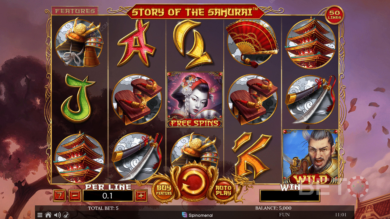 Tasuta keerutuste ostmiseks mänguautomaadis Story of The Samurai saad klõpsata funktsioonil Osta.
