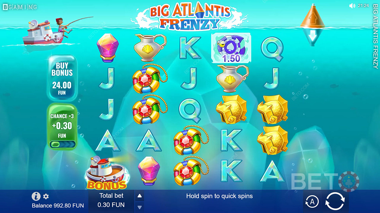 Reguleeri paigutust Big Atlantis Frenzy online-mänguautomaadi noolede abil.