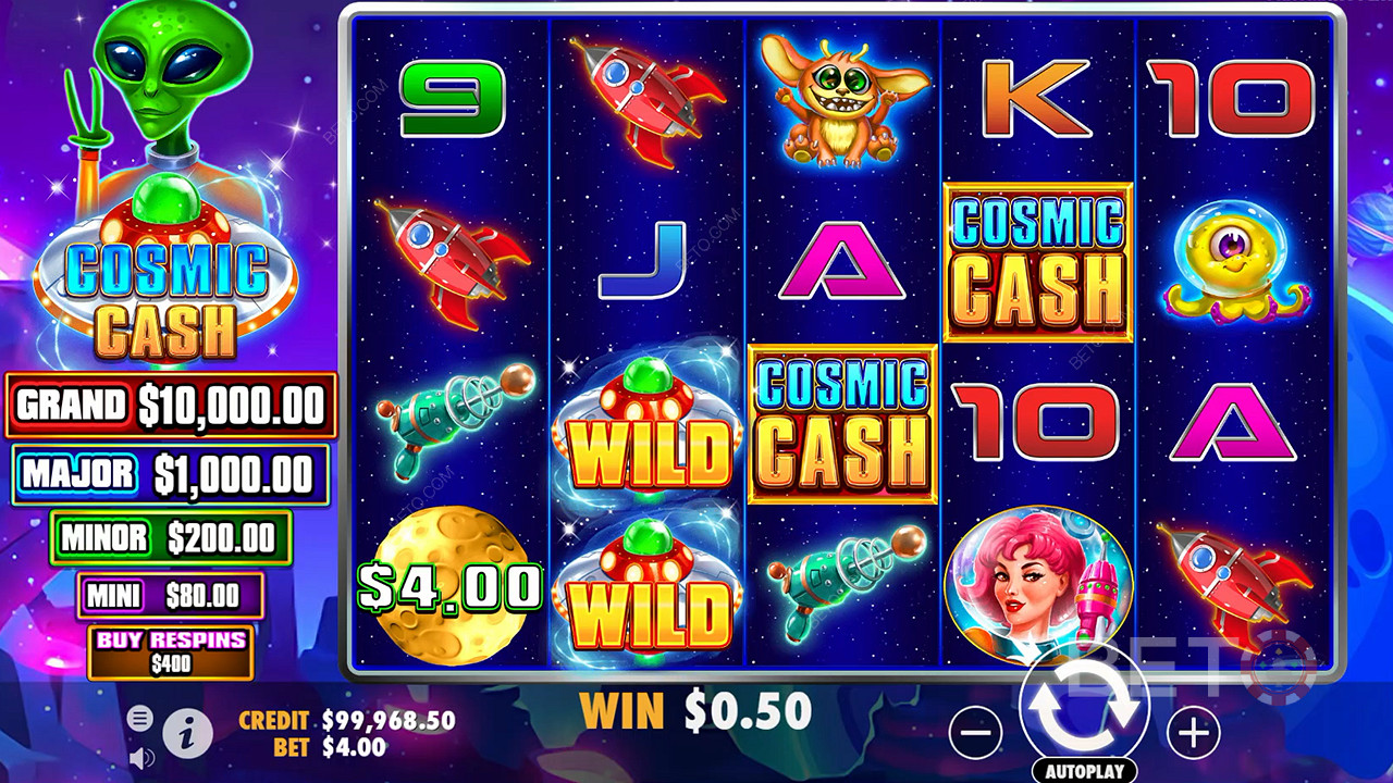 Cosmic Cash kasiinoslotis on põhimängus palju Wild-sümboleid.