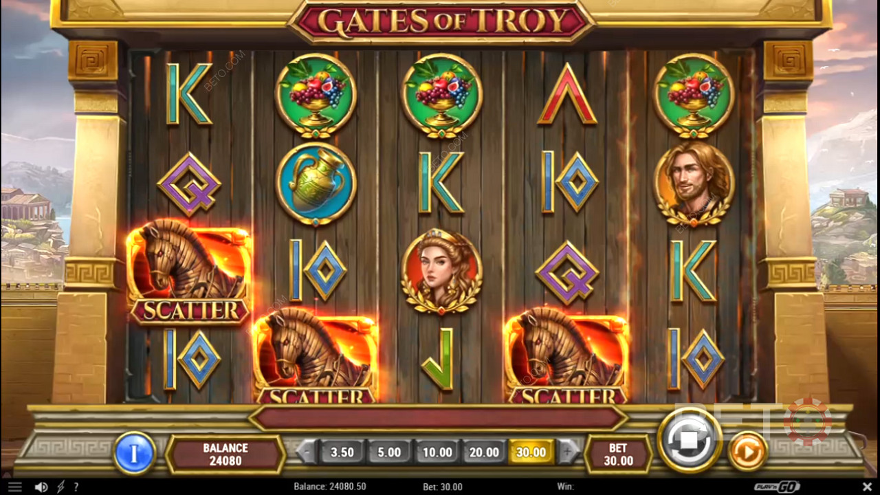 3 või rohkem Scatterit annavad Gates of Troy kasiinomängus tasuta keerutusi.