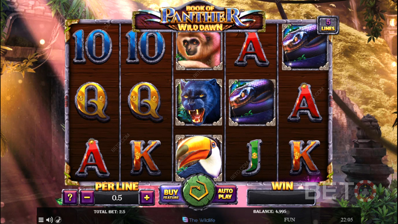 Book of Panther Wild Dawn online-mänguautomaadis on kõrge väärtusega sümbolideks metsloomad.