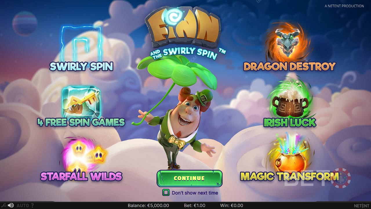 Naudi Finn and the Swirly Spin online-mänguautomaadis mitmesuguseid põnevaid funktsioone.
